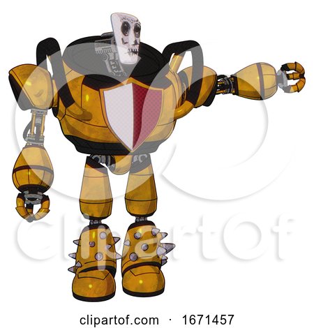 Droid Containing Humanoid Face Mask and Skeleton War Paint and Heavy Upper Chest and Red Shield Defense Design and Light Leg Exoshielding and Spike Foot Mod. Worn Construction Yellow. by Leo Blanchette