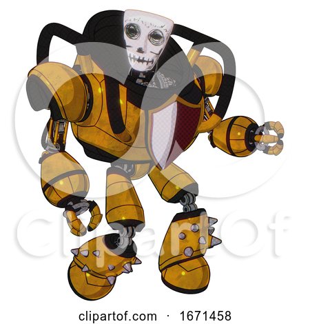Droid Containing Humanoid Face Mask and Skeleton War Paint and Heavy Upper Chest and Red Shield Defense Design and Light Leg Exoshielding and Spike Foot Mod. Worn Construction Yellow. by Leo Blanchette