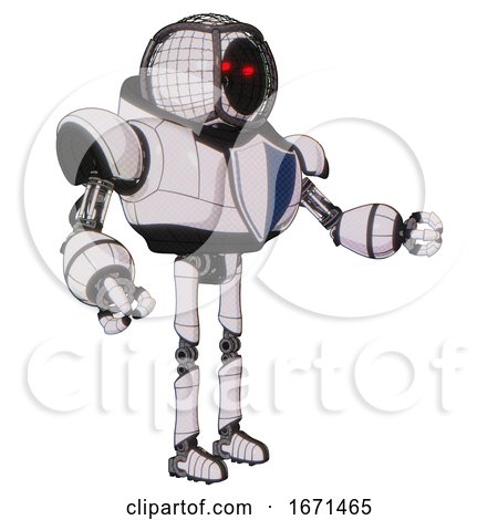 Android Containing Round Barbed Wire Round Head and Heavy Upper Chest and Blue Shield Defense Design and Ultralight Foot Exosuit. White Halftone Toon. Interacting. by Leo Blanchette