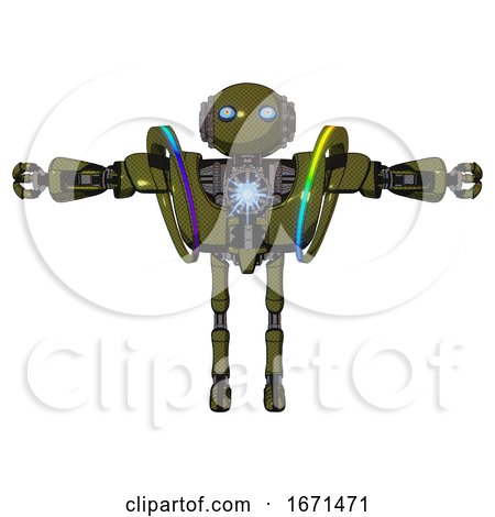 Robot Containing Oval Wide Head and Blue Eyes and Steampunk Iron Bands with Bolts and Heavy Upper Chest and Heavy Mech Chest and Spectrum Fusion Core Chest and Ultralight Foot Exosuit. by Leo Blanchette