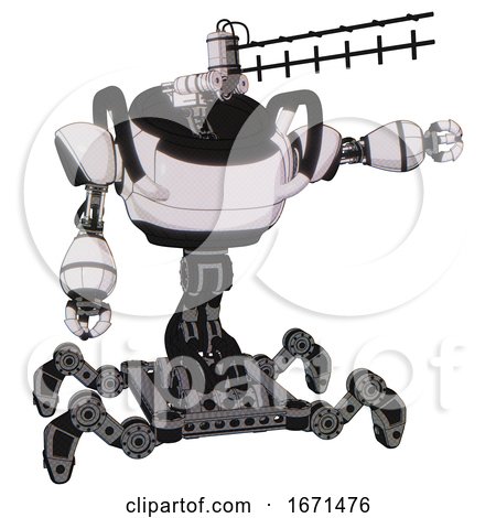 Robot Containing Dual Retro Camera Head and Wireless Internet Transmitter Head and Heavy Upper Chest and Insect Walker Legs. White Halftone Toon. Pointing Left or Pushing a Button.. by Leo Blanchette