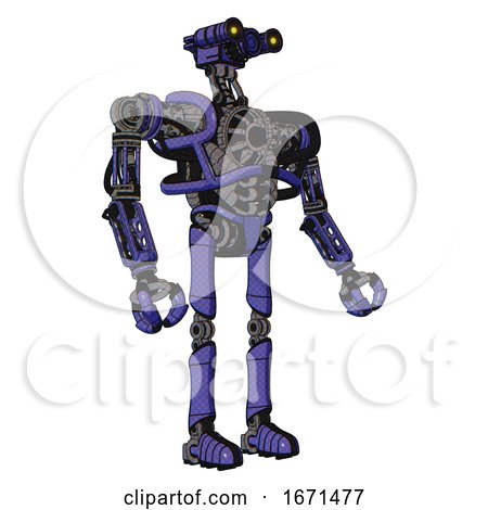 Cyborg Containing Dual Retro Camera Head and Simple Blue Telescopic Eye Head and Heavy Upper Chest and No Chest Plating and Ultralight Foot Exosuit. Primary Blue Halftone. Facing Left View. by Leo Blanchette
