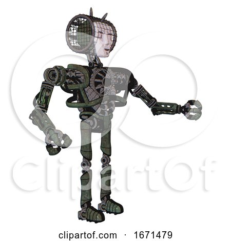 Android Containing Humanoid Face Mask and Heavy Upper Chest and No Chest Plating and Ultralight Foot Exosuit. Old Corroded Copper. Interacting. by Leo Blanchette