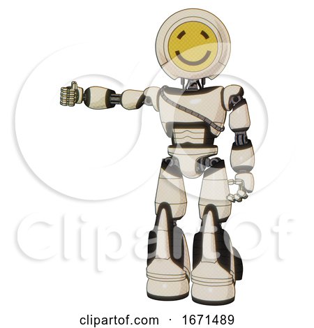 Robot Containing Round Head Yellow Happy Face and Light Chest Exoshielding and Cable Sash and Light Leg Exoshielding and Stomper Foot Mod. off White Toon. Arm out Holding Invisible Object.. by Leo Blanchette