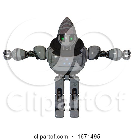 Bot Containing Grey Alien Style Head and Green Inset Eyes and Heavy Upper Chest and Triangle of Blue Leds and Prototype Exoplate Legs. Patent Concrete Gray Metal. T-pose. by Leo Blanchette