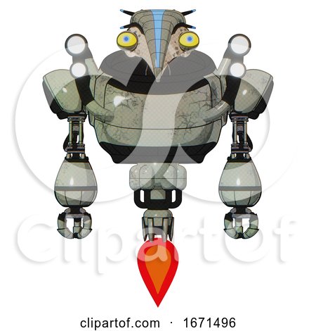 Cyborg Containing Bird Skull Head and Big Yellow Eyes and Head Shield Design and Heavy Upper Chest and Shoulder Headlights and Jet Propulsion. Green Metal. Front View. by Leo Blanchette