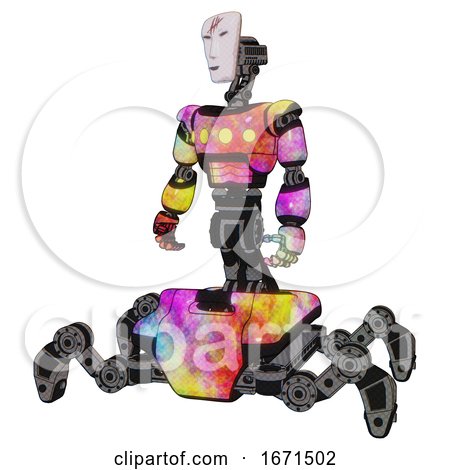 Cyborg Containing Humanoid Face Mask and Red Slashes War Paint and Light Chest Exoshielding and Yellow Chest Lights and Insect Walker Legs. Plasma Burst. Standing Looking Right Restful Pose. by Leo Blanchette