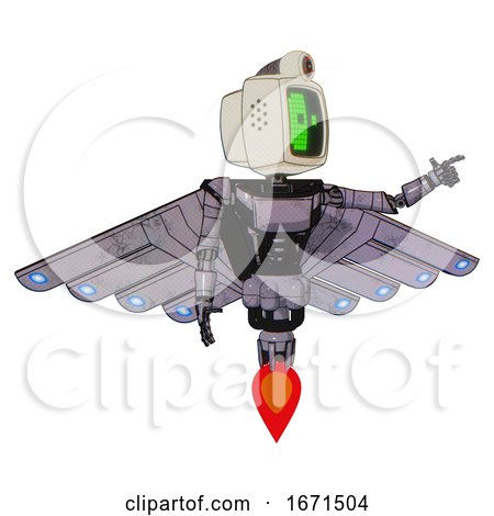 Cyborg Containing Old Computer Monitor and Abstract Mask Pixel Face and Retro-futuristic Webcam and Light Chest Exoshielding and Ultralight Chest Exosuit and Cherub Wings Design and Jet Propulsion. by Leo Blanchette