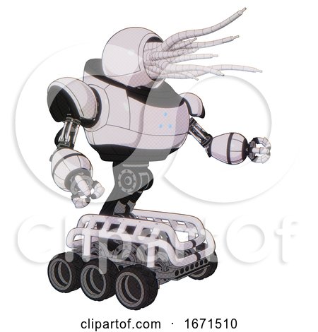 Bot Containing Jellyfish Style Head Fiber Optic Tentacles and Heavy Upper Chest and Triangle of Blue Leds and Six-wheeler Base. White Halftone Toon. Interacting. by Leo Blanchette