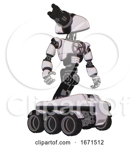 Android Containing Gatling Gun Face Design and Light Chest Exoshielding and Chest Valve Crank and Six-wheeler Base. White Halftone Toon. Hero Pose. by Leo Blanchette
