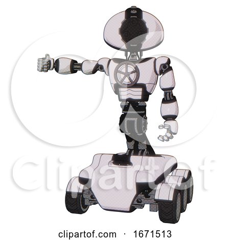 Android Containing Gatling Gun Face Design and Light Chest Exoshielding and Chest Valve Crank and Six-wheeler Base. White Halftone Toon. Arm out Holding Invisible Object.. by Leo Blanchette
