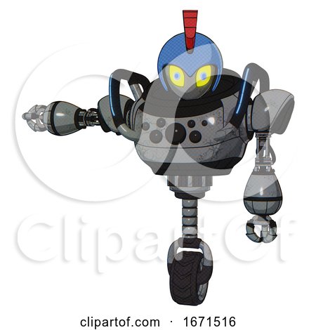 Bot Containing Grey Alien Style Head and Yellow Eyes with Blue Pupils and Galea Roman Soldier Ornament and Blue Helmet and Heavy Upper Chest and Chest Compound Eyes and Blue Strip Lights . by Leo Blanchette