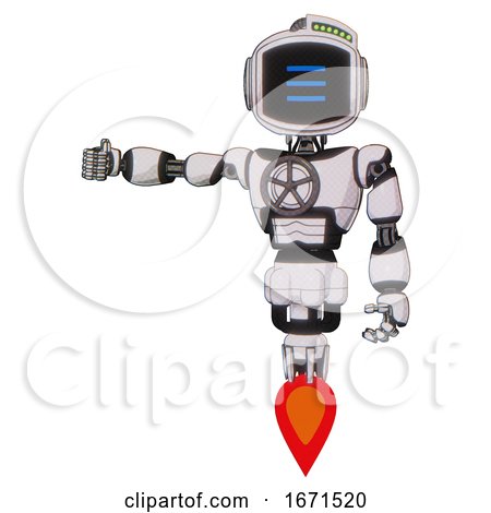 Bot Containing Digital Display Head and Three Horizontal Line Design and Green Led Array and Light Chest Exoshielding and Chest Valve Crank and Jet Propulsion. White Halftone Toon. by Leo Blanchette