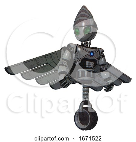 Bot Containing Grey Alien Style Head and Led Array Eyes and Light Chest Exoshielding and Blue Energy Core and Pilot's Wings Assembly and Unicycle Wheel. Patent Concrete Gray Metal. Hero Pose. by Leo Blanchette