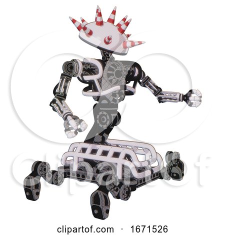 Bot Containing Red and White Cone Dome Head and Heavy Upper Chest and No Chest Plating and Insect Walker Legs. White Halftone Toon. Interacting. by Leo Blanchette