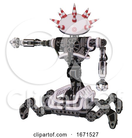 Bot Containing Red and White Cone Dome Head and Heavy Upper Chest and No Chest Plating and Insect Walker Legs. White Halftone Toon. Arm out Holding Invisible Object.. by Leo Blanchette
