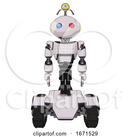 Robot Containing Oval Wide Head and Giant Blue and Red Led Eyes and Minibot Ornament and Light Chest Exoshielding and Chest Green Blue Lights Array and Tank Tracks. White Halftone Toon. Front View. by Leo Blanchette