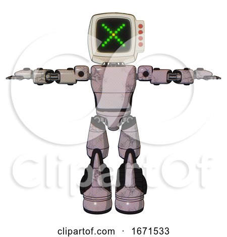 Bot Containing Old Computer Monitor and Pixel X and Red Buttons and Light Chest Exoshielding and Prototype Exoplate Chest and Light Leg Exoshielding and Stomper Foot Mod. Gray Metal. T-pose. by Leo Blanchette