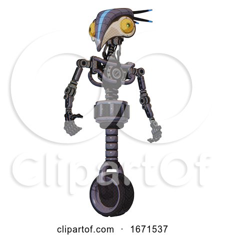 Automaton Containing Bird Skull Head and Brass Steampunk Eyes and Head Shield Design and Light Chest Exoshielding and No Chest Plating and Unicycle Wheel. Light Lavender Metal. Hero Pose. by Leo Blanchette