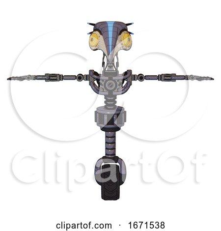 Automaton Containing Bird Skull Head and Brass Steampunk Eyes and Head Shield Design and Light Chest Exoshielding and No Chest Plating and Unicycle Wheel. Light Lavender Metal. T-pose. by Leo Blanchette