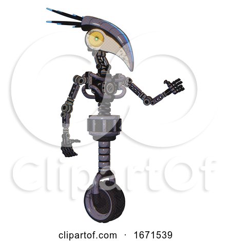 Automaton Containing Bird Skull Head and Brass Steampunk Eyes and Head Shield Design and Light Chest Exoshielding and No Chest Plating and Unicycle Wheel. Light Lavender Metal. Interacting. by Leo Blanchette