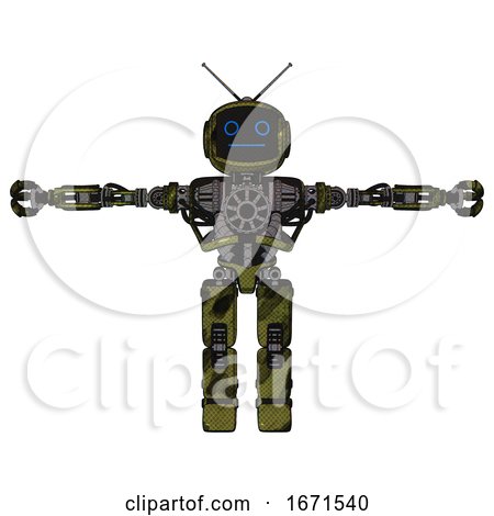 Robot Containing Digital Display Head and Blank-faced Expression and Retro Antennas and Heavy Upper Chest and No Chest Plating and Prototype Exoplate Legs. Grunge Army Green. T-pose. by Leo Blanchette