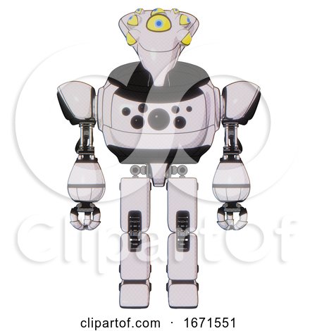 Bot Containing Flat Elongated Skull Head and Yellow Eyeball Array and Heavy Upper Chest and Chest Compound Eyes and Prototype Exoplate Legs. White Halftone Toon. Front View. by Leo Blanchette