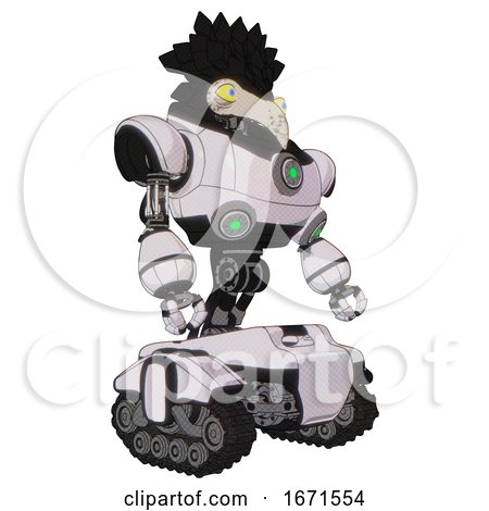 Bot Containing Bird Skull Head and Big Yellow Eyes and Crow Feather Design and Heavy Upper Chest and Chest Green Energy Cores and Tank Tracks. White Halftone Toon. Facing Left View. by Leo Blanchette