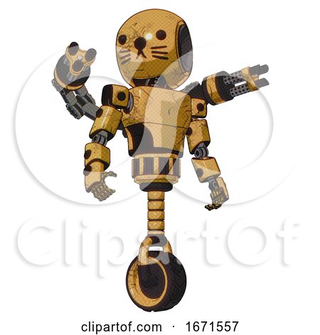 Automaton Containing Round Head and Light Chest Exoshielding and Prototype Exoplate Chest and Minigun Back Assembly and Unicycle Wheel and Cat Face. Construction Yellow Halftone. Hero Pose. by Leo Blanchette
