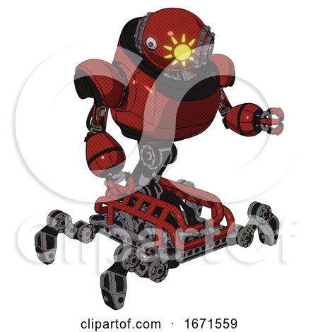 Bot Containing Oval Wide Head and Sunshine Patch Eye and Steampunk Iron Bands with Bolts and Heavy Upper Chest and Insect Walker Legs. Cherry Tomato Red. Fight or Defense Pose.. by Leo Blanchette