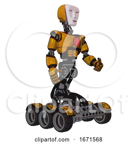 Cyborg Containing Humanoid Face Mask and Light Chest Exoshielding and Red Chest Button and Six-wheeler Base. Worn Construction Yellow. Facing Left View. by Leo Blanchette