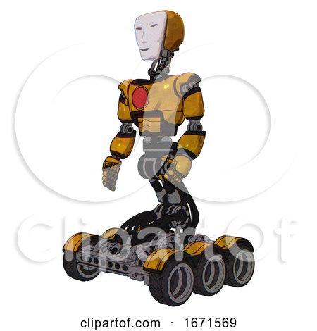 Cyborg Containing Humanoid Face Mask and Light Chest Exoshielding and Red Chest Button and Six-wheeler Base. Worn Construction Yellow. Facing Right View. by Leo Blanchette