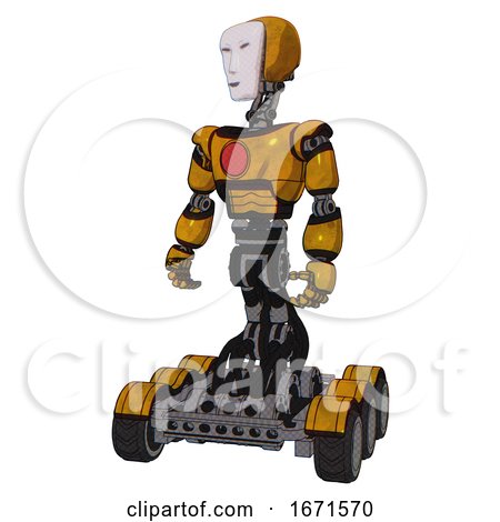 Cyborg Containing Humanoid Face Mask and Light Chest Exoshielding and Red Chest Button and Six-wheeler Base. Worn Construction Yellow. Standing Looking Right Restful Pose. by Leo Blanchette