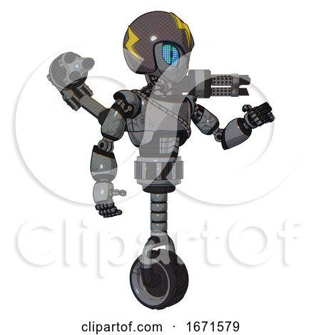 Droid Containing Grey Alien Style Head and Blue Grate Eyes and Lightning Bolts and Gray Helmet and Light Chest Exoshielding and Cable Sash and Minigun Back Assembly and Unicycle Wheel. by Leo Blanchette