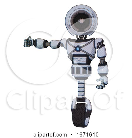 Droid Containing Cable Connector Head and Light Chest Exoshielding and Blue Energy Core and Unicycle Wheel. Blue Tint Toon. Arm out Holding Invisible Object.. by Leo Blanchette