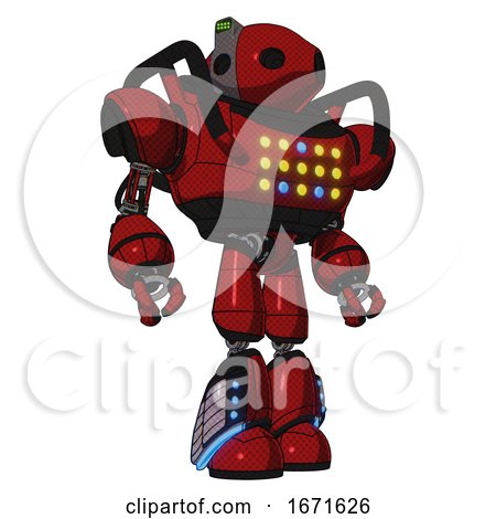 Automaton Containing Oval Wide Head and Green Led Ornament and Heavy Upper Chest and Colored Lights Array and Light Leg Exoshielding and Megneto-hovers Foot Mod. Dark Red. Hero Pose. by Leo Blanchette
