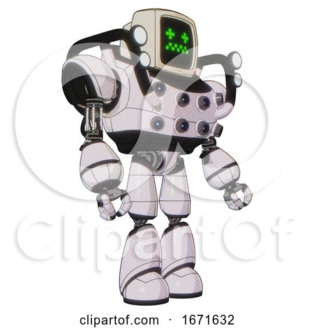 Droid Containing Old Computer Monitor and Stunned Pixels Face and Heavy Upper Chest and Chest Energy Sockets and Shoulder Headlights and Light Leg Exoshielding. White Halftone Toon. Facing Left View. by Leo Blanchette