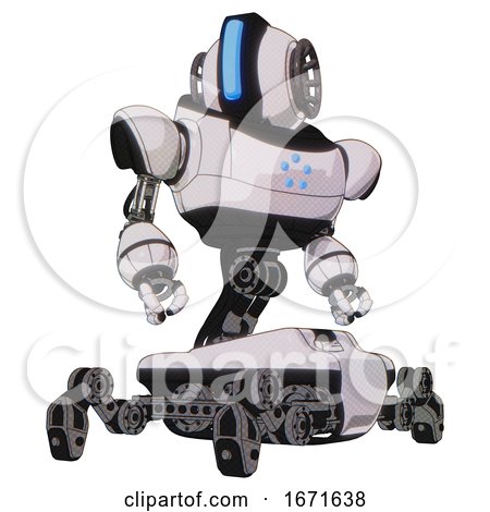 Automaton Containing Round Head and Large Vertical Visor and Heavy Upper Chest and Circle of Blue Leds and Insect Walker Legs. White Halftone Toon. Hero Pose. by Leo Blanchette