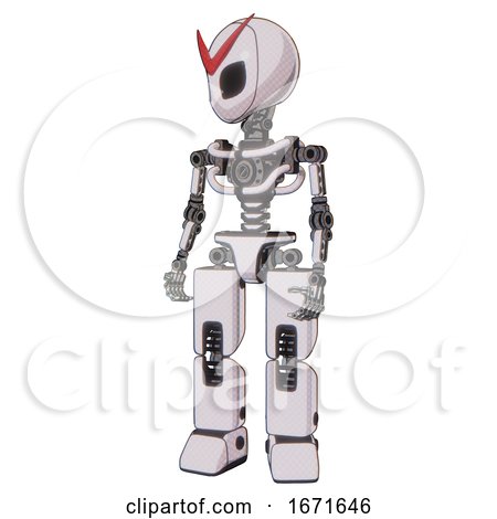 Robot Containing Grey Alien Style Head and Black Eyes and Light Chest Exoshielding and No Chest Plating and Prototype Exoplate Legs. White Halftone Toon. Standing Looking Right Restful Pose. by Leo Blanchette
