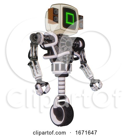 Cyborg Containing Old Computer Monitor and Pixel Square Design and Old Retro Speakers and Heavy Upper Chest and No Chest Plating and Unicycle Wheel. White Halftone Toon. Facing Left View. by Leo Blanchette
