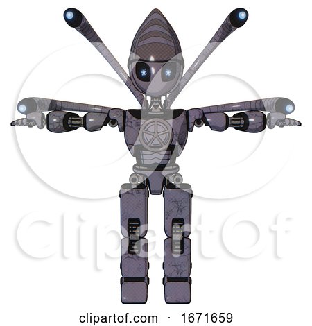 Bot Containing Grey Alien Style Head and Electric Eyes and Light Chest Exoshielding and Chest Valve Crank and Blue-eye Cam Cable Tentacles and Prototype Exoplate Legs. Light Lavender Metal. T-pose. by Leo Blanchette