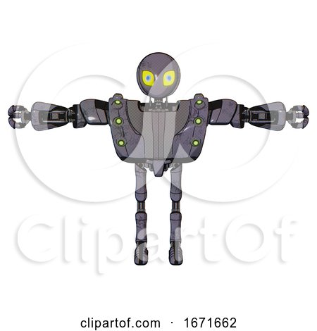 Bot Containing Grey Alien Style Head and Yellow Eyes with Blue Pupils and Heavy Upper Chest and Heavy Mech Chest and Green Cable Sockets Array and Ultralight Foot Exosuit. Light Lavender Metal. by Leo Blanchette