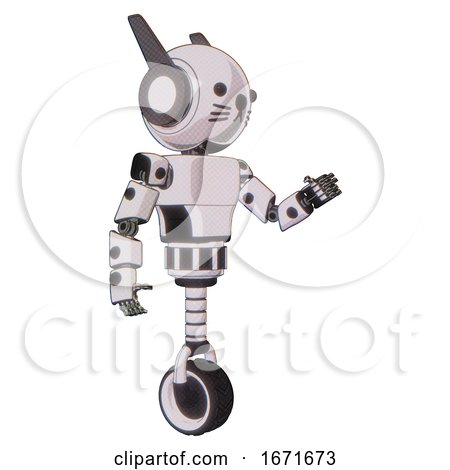 Bot Containing Round Head and Head Winglets and Light Chest Exoshielding and Prototype Exoplate Chest and Unicycle Wheel and Cat Face. White Halftone Toon. Interacting. by Leo Blanchette