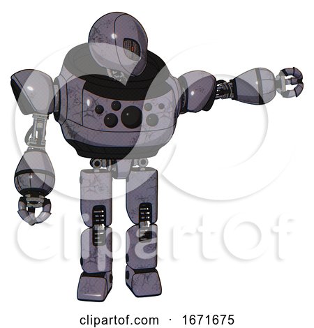 Mech Containing Grey Alien Style Head and Metal Grate Eyes and Heavy Upper Chest and Chest Compound Eyes and Prototype Exoplate Legs. Light Lavender Metal. Pointing Left or Pushing a Button.. by Leo Blanchette