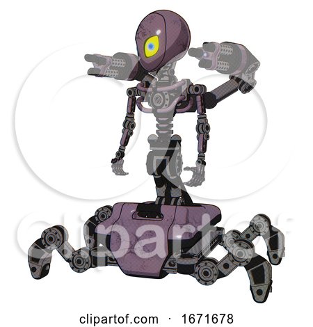 Android Containing Grey Alien Style Head and Yellow Eyes with Blue Pupils and Light Chest Exoshielding and Minigun Back Assembly and No Chest Plating and Insect Walker Legs. Lilac Metal. by Leo Blanchette