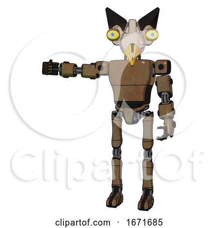 Bot Containing Bird Skull Head and Big Yellow Eyes and Robobeak Design and Light Chest Exoshielding and Prototype Exoplate Chest and Ultralight Foot Exosuit. Old Copper. by Leo Blanchette