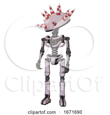 Bot Containing Red and White Cone Dome Head and Light Chest Exoshielding and No Chest Plating and Ultralight Foot Exosuit. Sketch Pad Light Lines. Standing Looking Right Restful Pose. by Leo Blanchette
