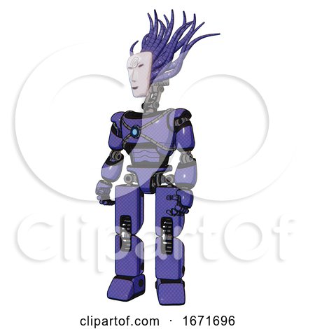 Android Containing Humanoid Face Mask and Spiral Design and Light Chest Exoshielding and Blue Energy Core and Prototype Exoplate Legs. Primary Blue Halftone. Standing Looking Right Restful Pose. by Leo Blanchette