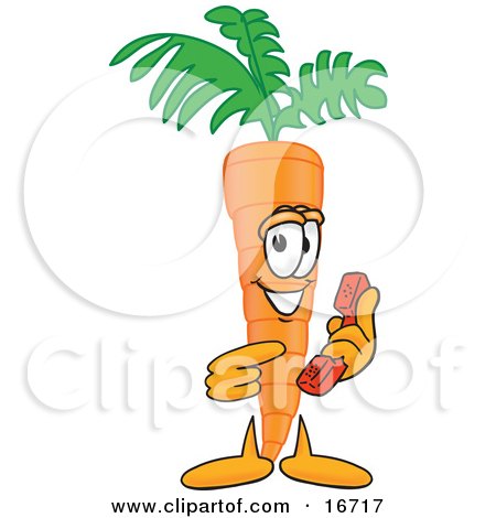 Clipart Picture of an Orange Carrot Mascot Cartoon Character Pointing to a Red Telephone by Mascot Junction