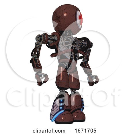 Android Containing Round Head and First Aid Emblem and Heavy Upper Chest and No Chest Plating and Light Leg Exoshielding and Megneto-hovers Foot Mod. Steampunk Copper. Hero Pose. by Leo Blanchette